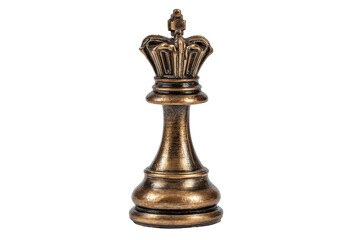 Bronze chess king piece showcasing intricate design and royal crown against a plain background