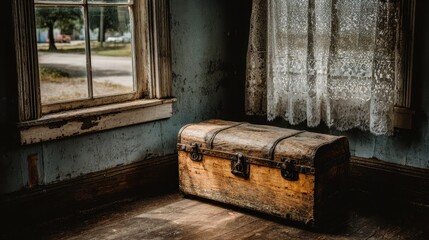 Old weathered wooden trunk sits in a dimly lit room with a lace curtain and window showing a rural scene.