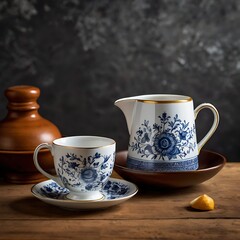 Fototapeta premium Warm cup of tea with teapot, green tea leaves and dried herbs on the bamboo mat at morning in plantations background with empty space, Organic product from the nature for healthy with traditional