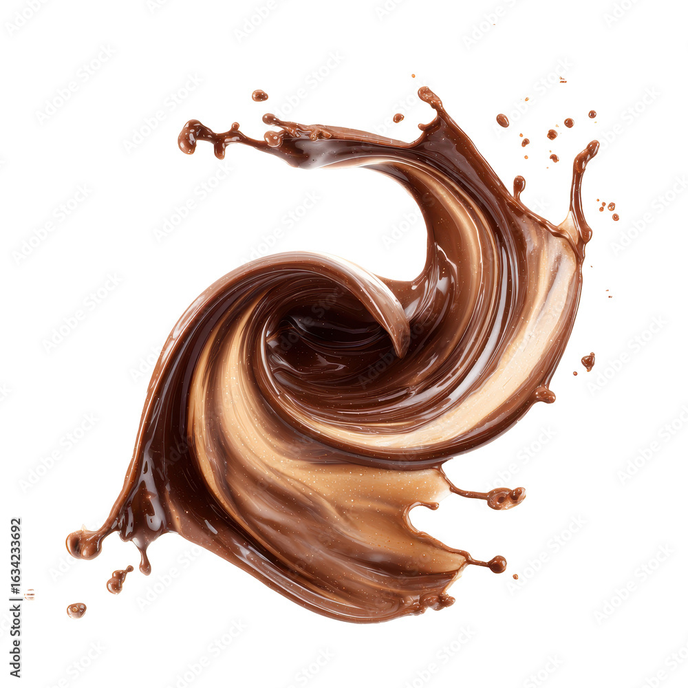 Poster chocolate swirl creating dynamic patterns with splashes and fluid motion against a white background