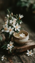 White flowers and a teacup on rustic wood. Soft, natural light. Tranquil and serene mood.
