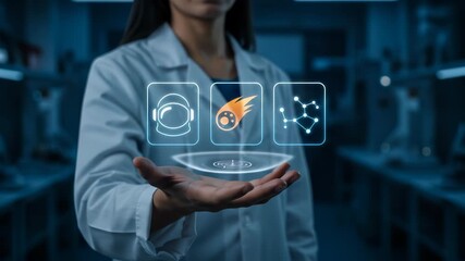 A female scientist interacts with futuristic holographic icons for space and molecular research, showcasing advanced technology and innovation in a modern laboratory setting. - Powered by Adobe