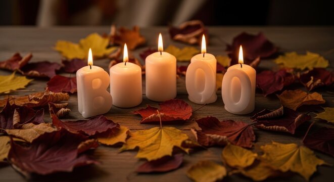 Glowing 'BOO' Candles Cast a Warm Light on Rustic Autumn Leaves