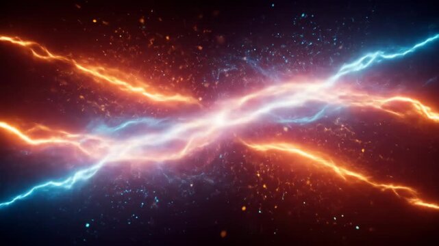 Clashing Energy Streams - Two vibrant streams of energy, one blue and one orange, collide and intertwine against a dark background speckled with glowing particles.
