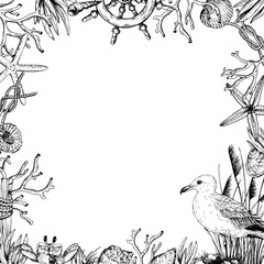 Marine themed frame with hand drawn sea elements as a ship wheel, starfish, seagull, coral, shells, crab, and grasses. Vector illustration. Ideal for beach invitations or nautical designs.