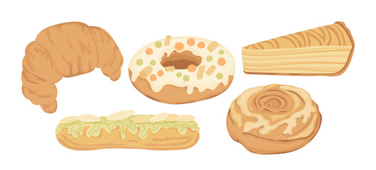 Fresh pastries set of vector stickers in flat style. Donut, croissant, cinnamon roll, pie, eclair illustration collection.