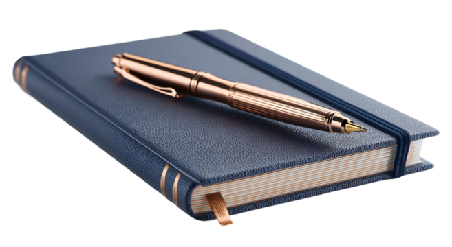 Blue leather notebook with a gold pen isolated on transparent background