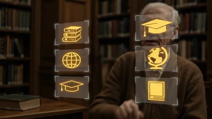 Future Education: A senior man interacts with an interactive holographic display for digital learning and knowledge in a library. - Powered by Adobe