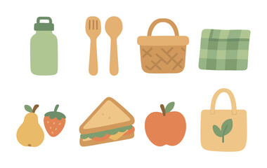 Eco-Friendly Picnic Icons. Flat vector mini-illustrations eco-friendly picnics in colors children's