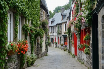 Obraz premium Colorful European alley with red flowers and ivy