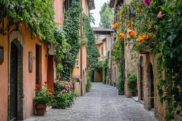 Fototapeta premium Narrow alley with greenery in historic town