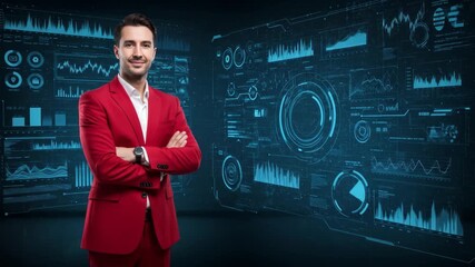 Confident Businessman in Red Suit with Futuristic Data Interface - A portrait of a smiling businessman in a red suit stands confidently with his arms crossed, set against a backdrop of a dynamic, - Powered by Adobe