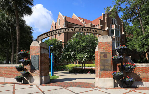 Main archway entrance to the University of Florida, a popular spot for photos, located in Gainesville, Florida, USA.