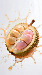 Obraz premium Durian Fruit Splash: Vibrant, Juicy, Tropical, Exotic, Creamy, Sweet, Refreshing, Studio Shot, High-Resolution Image.