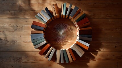Overhead shot of a book wreath on a wooden surface with light and shadow