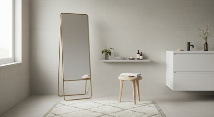 Minimalist bathroom with a standing mirror stool shelf vanity rug and window