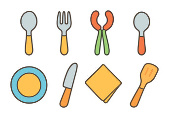 Picnic Cutlery Illustrations. Flat vector mini-illustrations picnic cutlery set in colors children's