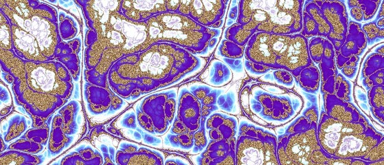 Soft blue marble background with gold glitter veins, realistic style. Digital art fractal marbled style background