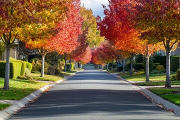 Tree-lined road with autumn sunlight