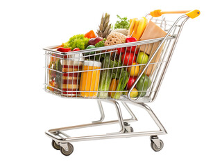 A shopping cart filled with fresh produce including fruits vegetables and packaged goods on a white background