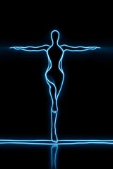 Obraz premium Glowing neon outline of woman in yoga balance pose over black background with futuristic light lines representing technology energy and health