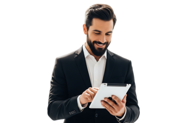 Smiling businessman in suit using tablet computer for communication and online work isolated on transparent background
