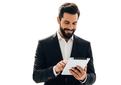 Smiling businessman in suit using tablet computer for communication and online work isolated on transparent background