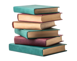 Stack of six books with green and red covers piled on top of each other against a black background image