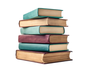 A stack of several hardcover books with different colored covers piled on top of each other in a vertical arrangement