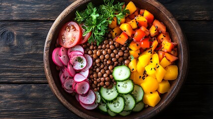 Colorful vegetable and lentil salad in a wooden bowl.
