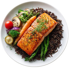 Healthy salmon fillet with vegetables and wild rice isolated on transparent background
