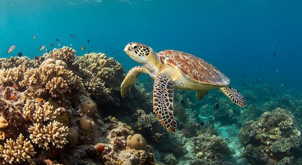 Obraz premium Sea Turtle Gliding Over Coral Reef