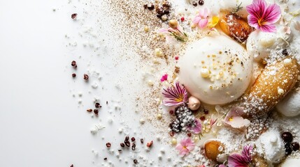 Obraz premium Exquisite Dessert Arrangement Featuring Flowers and Textures