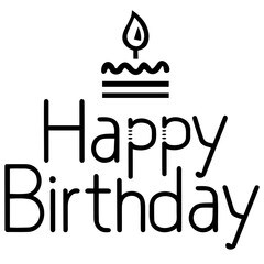 Happy birthday text with a stylized cake and candle in black and white minimalist design style art