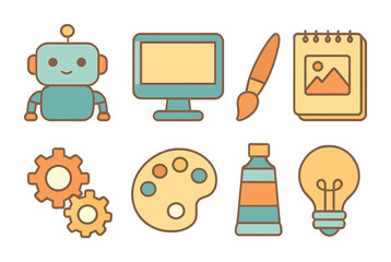 Creative Tech Icons. Flat vector mini-illustrations AI art experiments in colors children's illustrations: AI