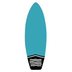 A teal surfboard with a black tail and white wave design is centered on a white background space
