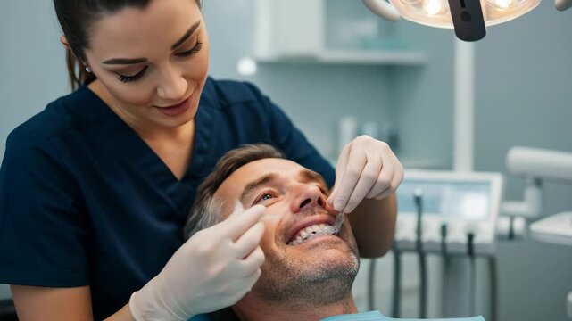 Dentist Placing Clear Aligner on Male Patient - A female dentist carefully places a clear aligner onto a male patient's teeth in a modern dental office.
