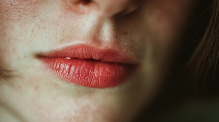 Fototapeta premium Close up of a woman's lips with coral lipstick, soft lighting, and light freckles visible on the skin.