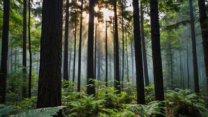 A serene forest scene at dawn, showcasing towering trees and lush ferns illuminated by soft sunlight.