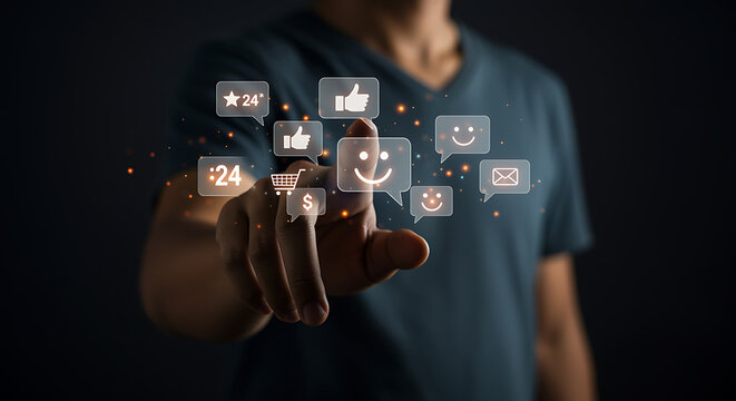 Man touching social media icons, representing online marketing, customer engagement, feedback, and ecommerce on a dark background, symbolizing digital communication