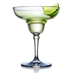A refreshing margarita cocktail with a lime wedge garnish in a classic margarita glass, isolated on a white background for your enjoyment