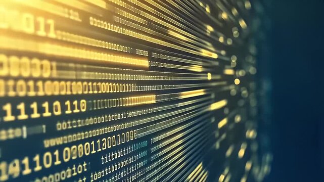 Abstract Digital Binary Code Stream Against Blue and Yellow Glowing Background