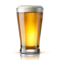A tall glass of golden beer with a frothy head, isolated on white background