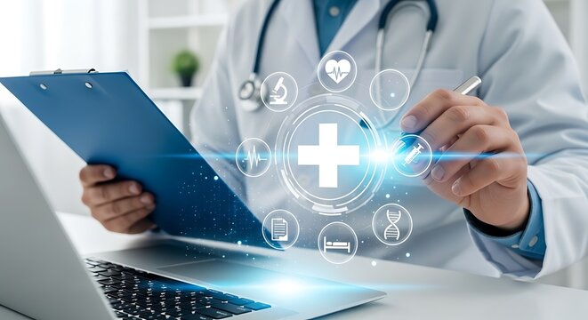 A doctor using technology for healthcare, medical research, and patient treatment, emphasizing digital innovation and online communication in a modern hospital setting