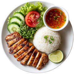 Grilled chicken with rice, cucumber, tomato, and dipping sauce, isolated on transparent background