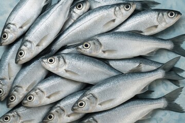 Obraz premium Glistening Silver Fish Pile Ready for Cooking Presents a fresh, clean aesthetic ideal for food blogs, seafood restaurants, and culinary marketing.