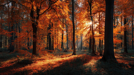 Autumn forest with golden leaves, sunlight filtering through orange canopy
