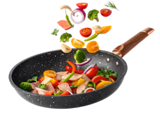 A black speckled frying pan with a wooden handle and vegetables floating above and inside the pan
