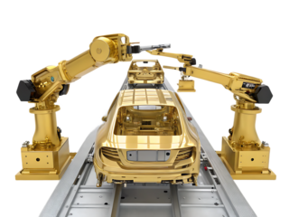 Golden car bodies on an assembly line with robotic arms in a manufacturing setting on a black background