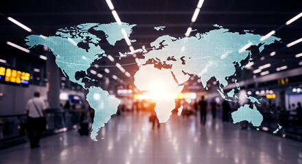 A blurred, high-energy image of people in an airport, with a stylized world map and flight paths superimposed, highlighting the interconnectedness of modern travel and business.